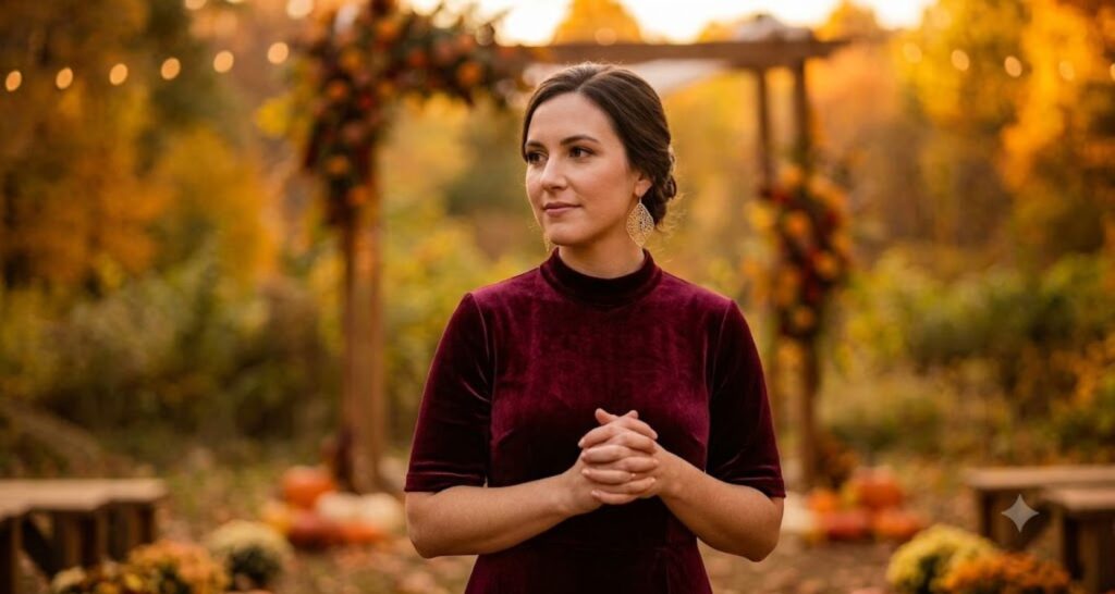 Burgundy midi dress for fall wedding guest