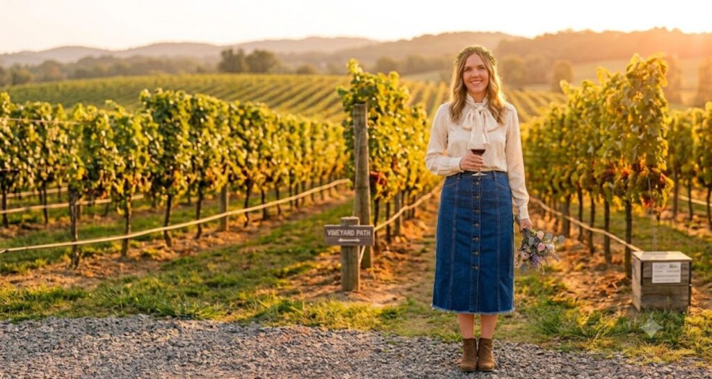 Denim Midi Skirt and a Silk Blouse