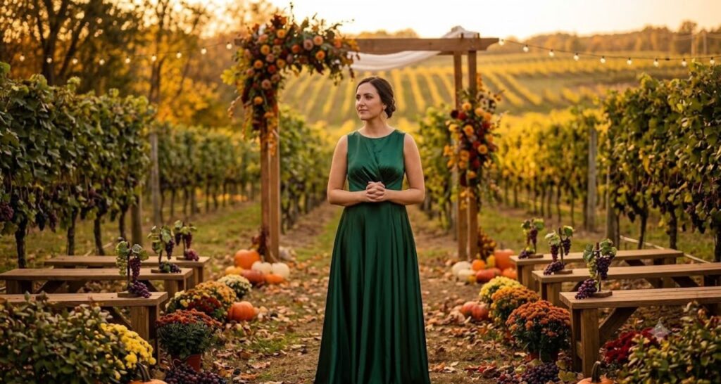 Burnt orange chiffon dress fall wedding guest outfit