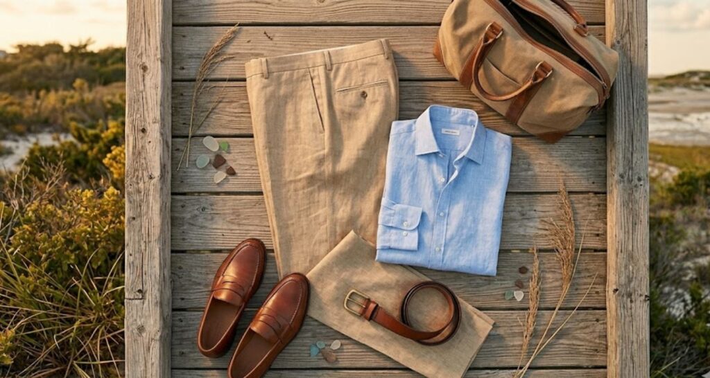 men casual beach wedding outfit – dress shirt chinos loafers