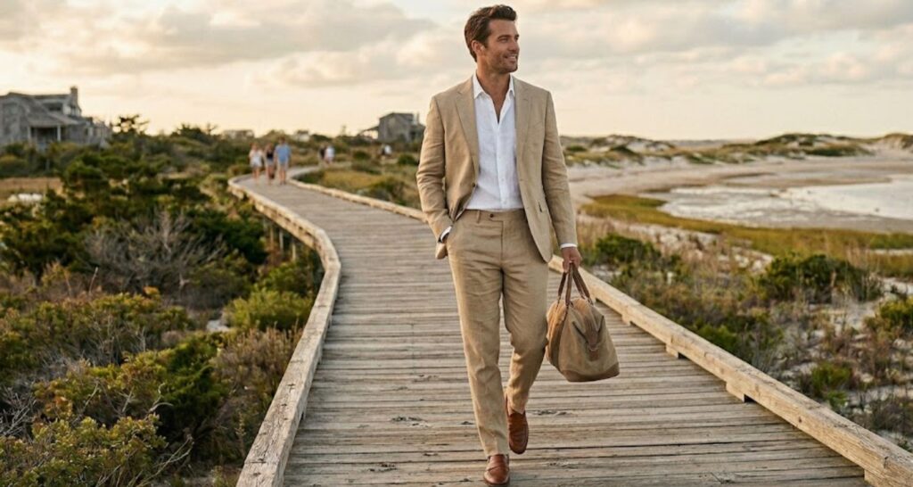 men beach wedding guest outfit – tan linen suit and loafers