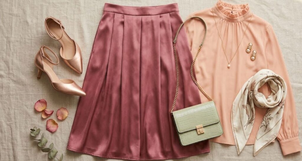 Midi skirt and blouse — styled flat lay of a satin midi skirt paired with a silk blouse and accessories

