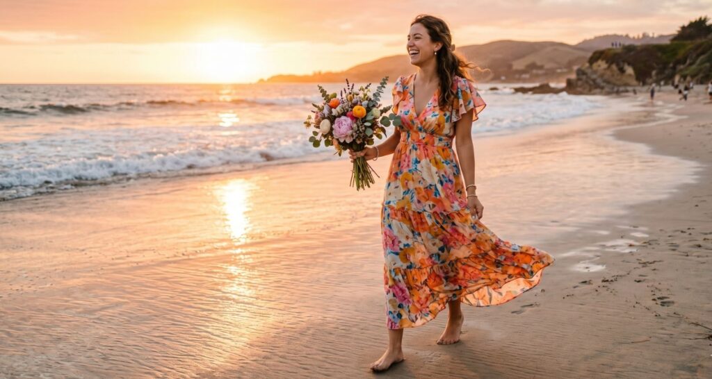 Woman in floral chiffon maxi dress walking barefoot on beach at golden hour — beach wedding guest outfit ideas