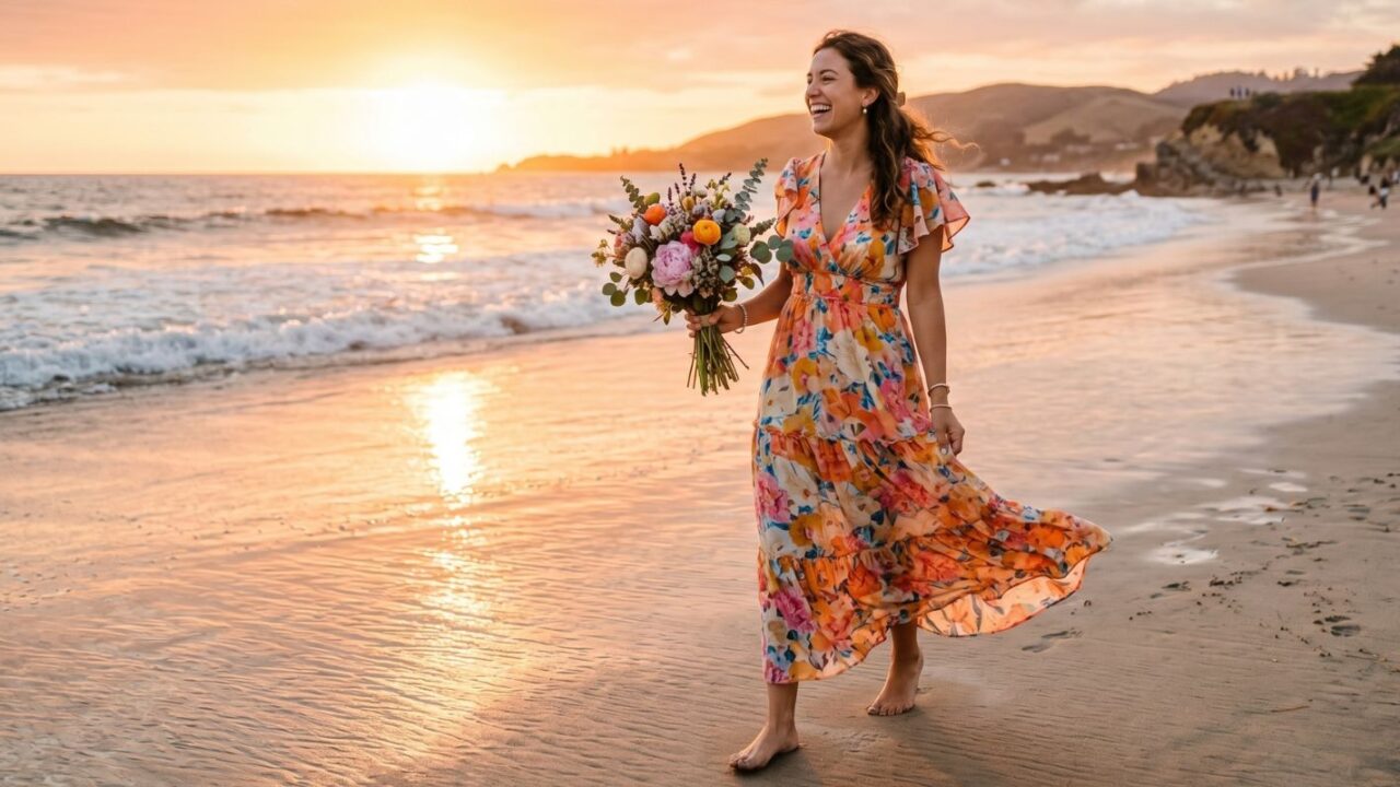 Woman in floral chiffon maxi dress walking barefoot on beach at golden hour — beach wedding guest outfit ideas