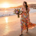 Woman in floral chiffon maxi dress walking barefoot on beach at golden hour — beach wedding guest outfit ideas