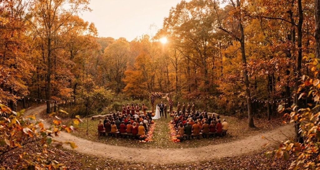Woman in emerald dress at outdoor fall wedding venue