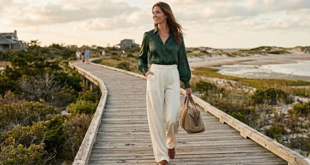 wide leg linen pants beach wedding guest outfit idea
