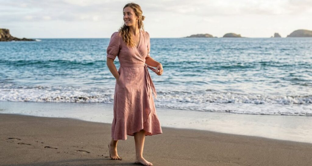 midi wrap dress for beach wedding guest – dusty rose