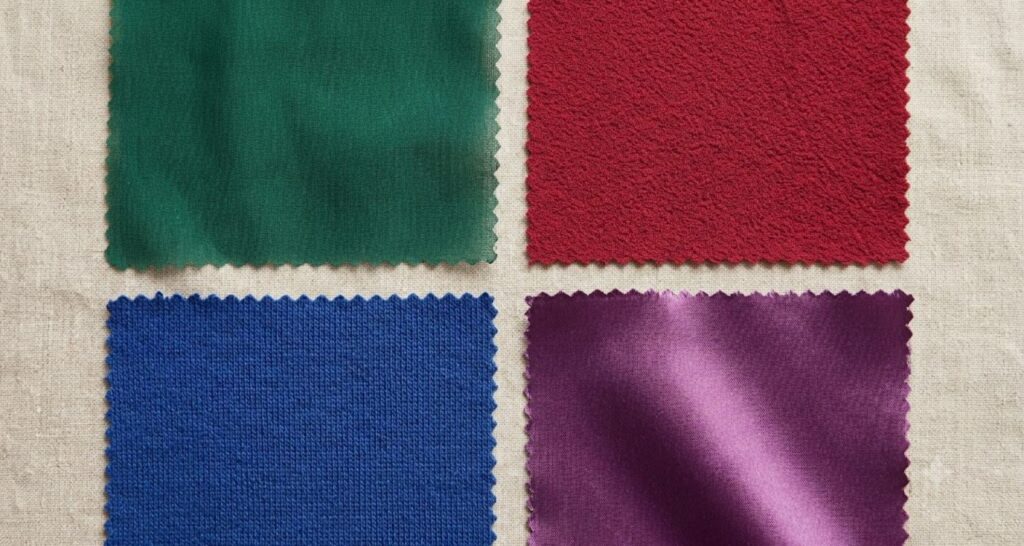Close-up texture flat lay of chiffon, crepe, jersey, and silk fabric swatches in jewel tones