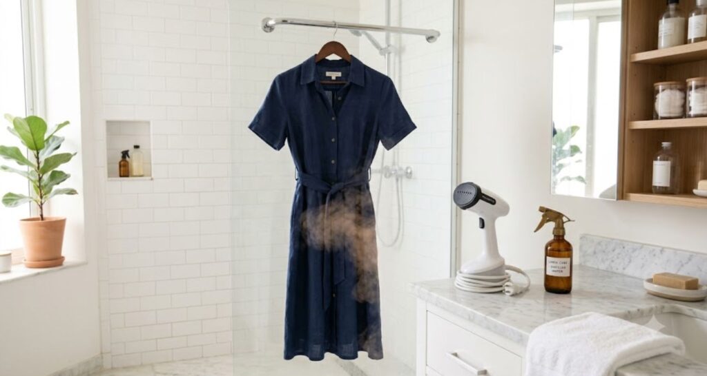 Linen dress steaming in a bathroom with handheld garment steamer and wrinkle-release spray