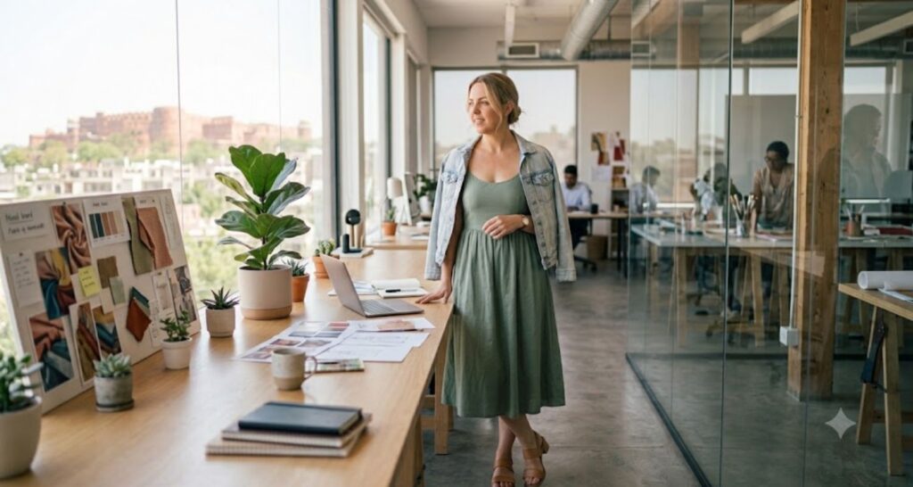 woman in sage green cotton a-line sundress in casual creative office summer