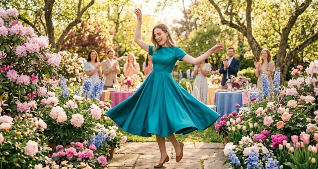 Fit-and-flare midi dress for spring baby shower — floral skirt in motion at outdoor garden venue
