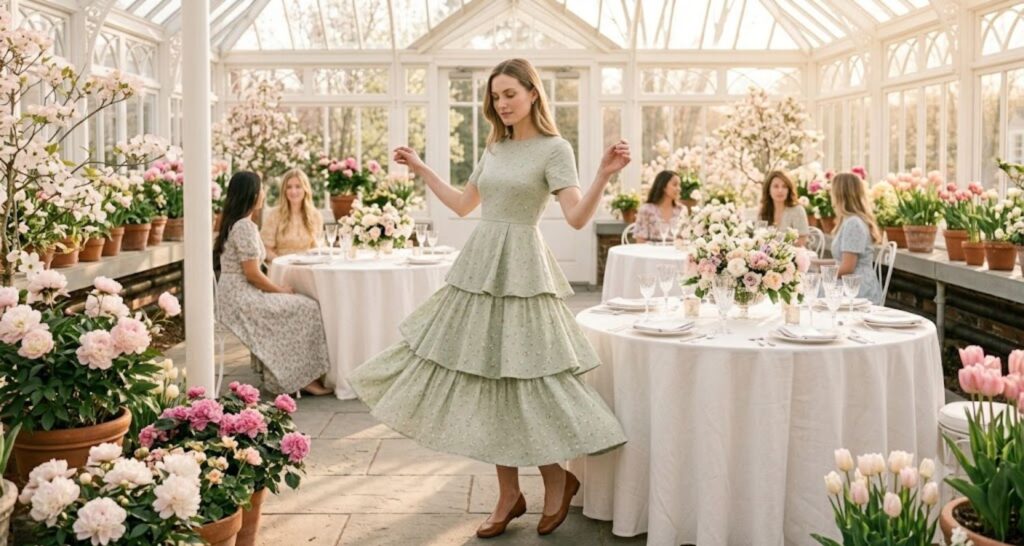 Tiered floral midi dress for spring baby shower — print displayed across multiple tiers in garden setting
