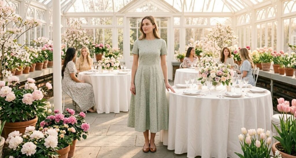 A-line midi dress for baby shower spring — soft pastel botanical print at indoor brunch venue
