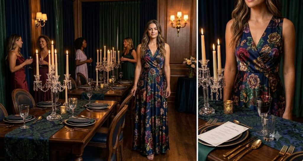 Navy background floral dress at formal indoor baby shower — dark floral looks sophisticated in candlelight
