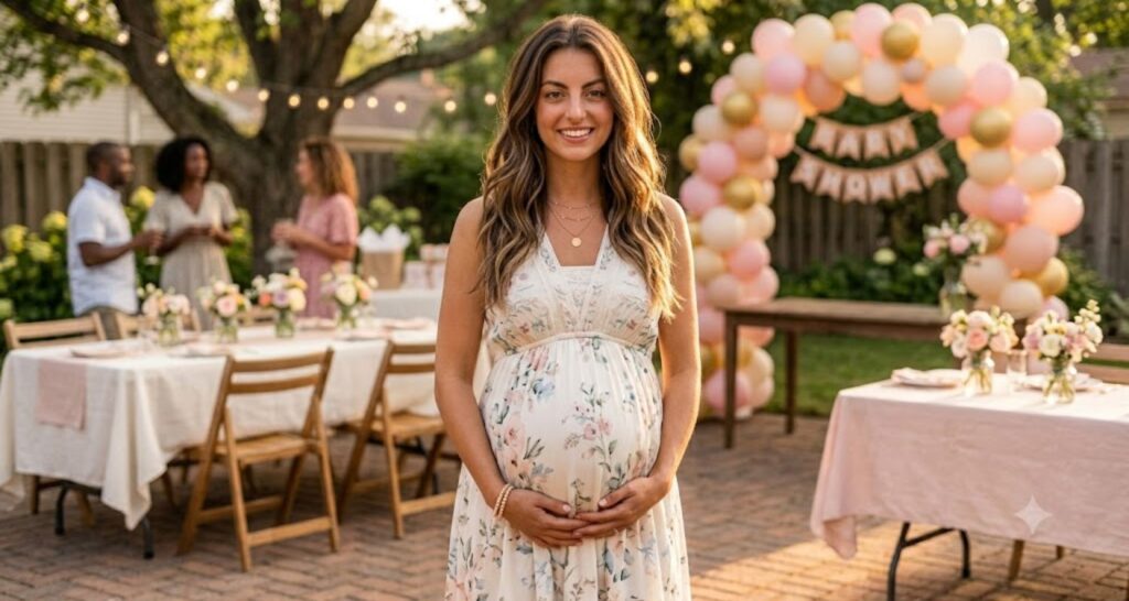 Pregnant woman in white empire-waist floral maxi dress at her baby shower — maternity floral dress idea
