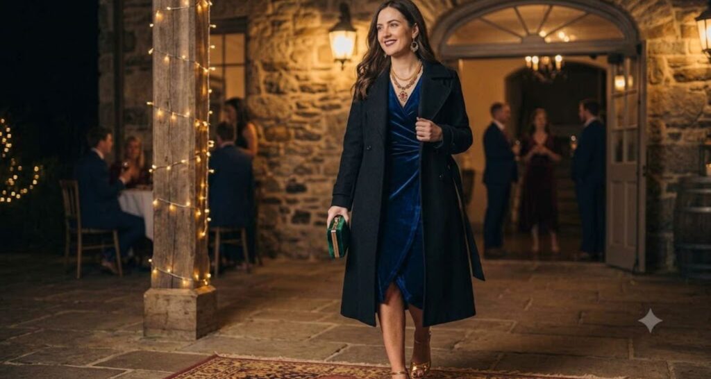 Winter wedding guest outfit with tailored camel coat