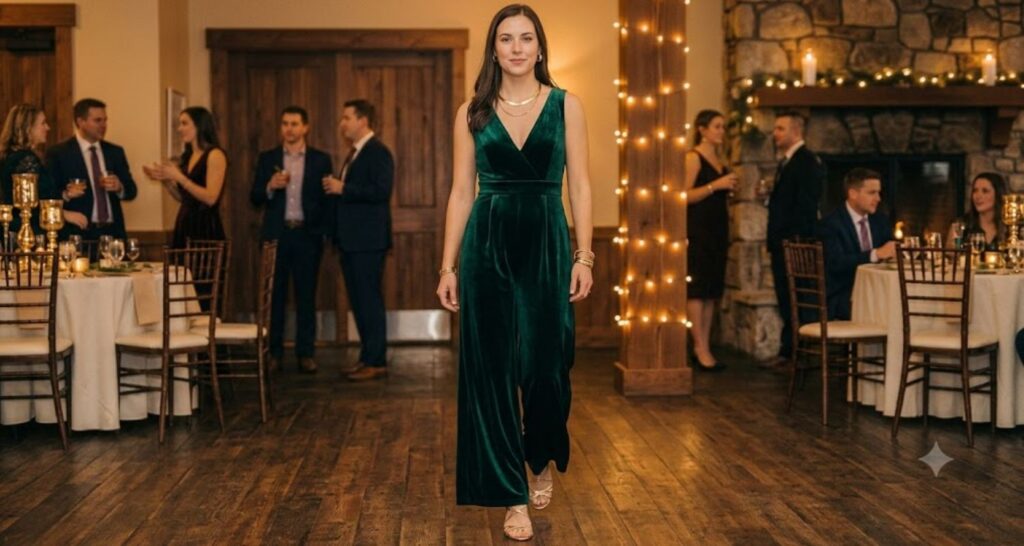 Semi-formal winter wedding guest dress in emerald green velvet
