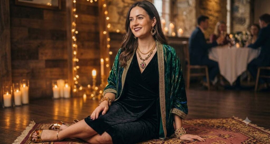 Best colors for winter wedding guest dress — jewel tones flat lay
