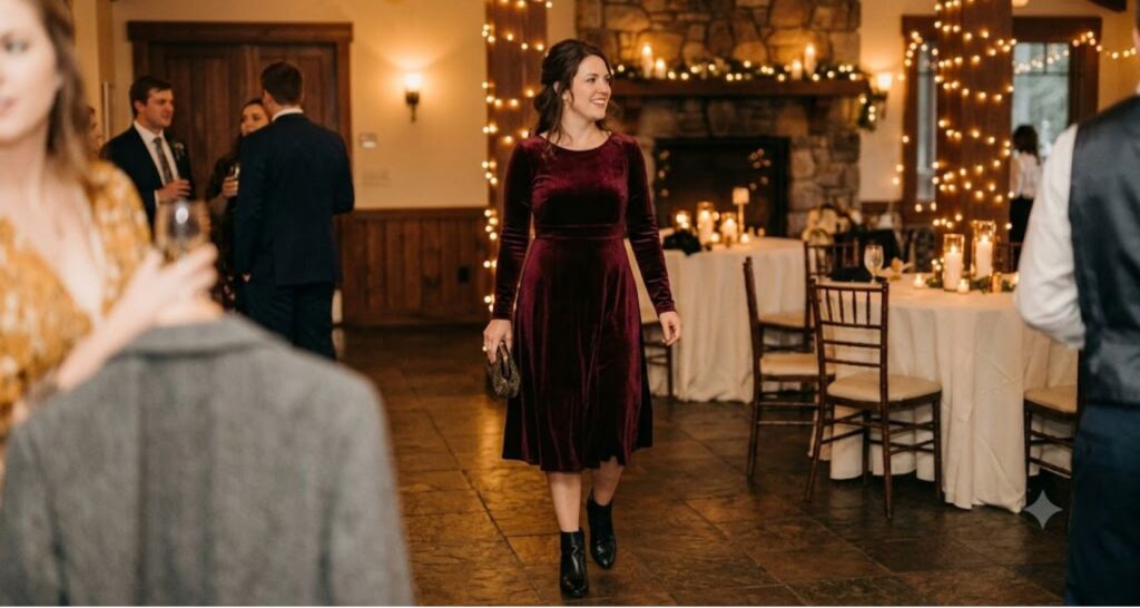 Woman in burgundy velvet midi dress — winter wedding guest dress not too formal
