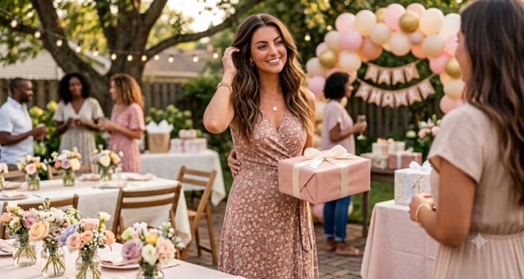 Baby shower guest in blush floral midi dress holding a gift — styled with gold jewelry and block heels
