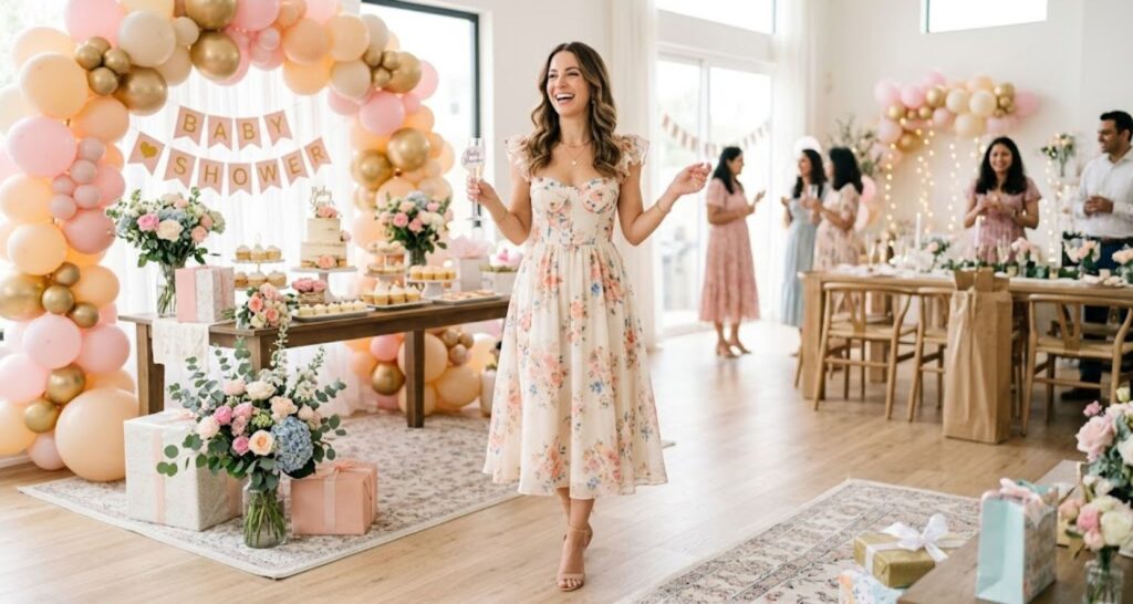 Best midi dress for baby shower guest outfit