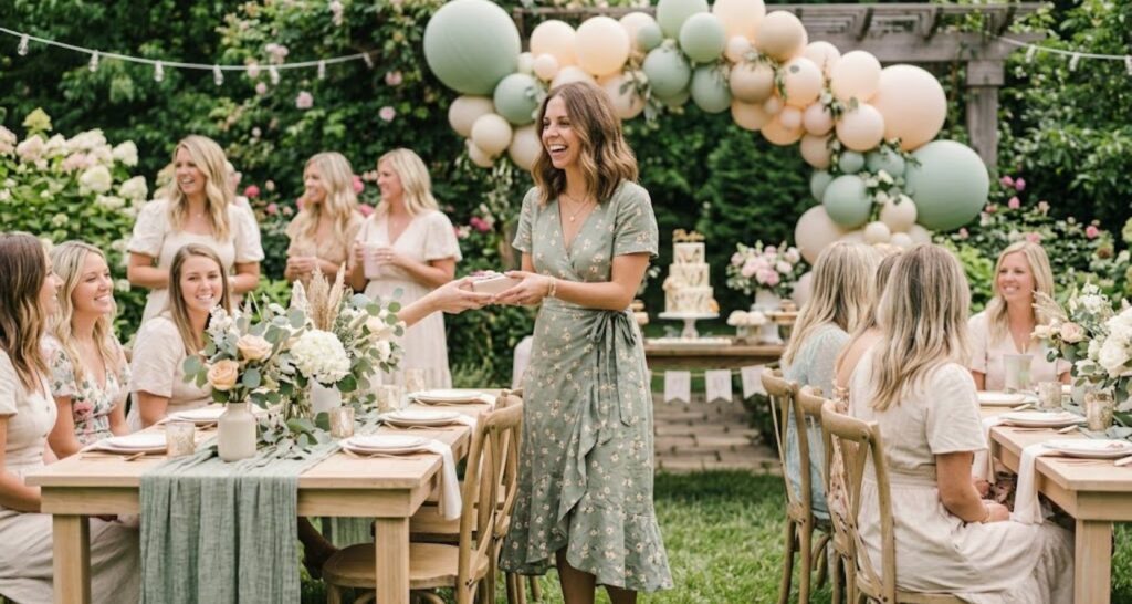Sage green midi dress for baby shower hostess