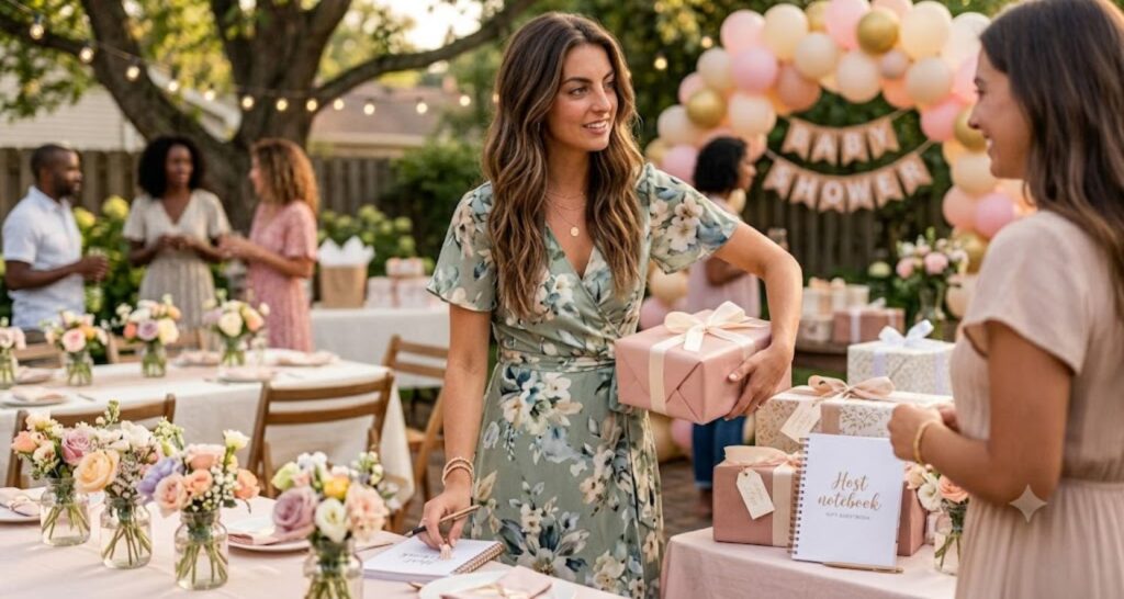 Baby shower host in sage floral wrap dress arranging table decor — practical and polished floral look

