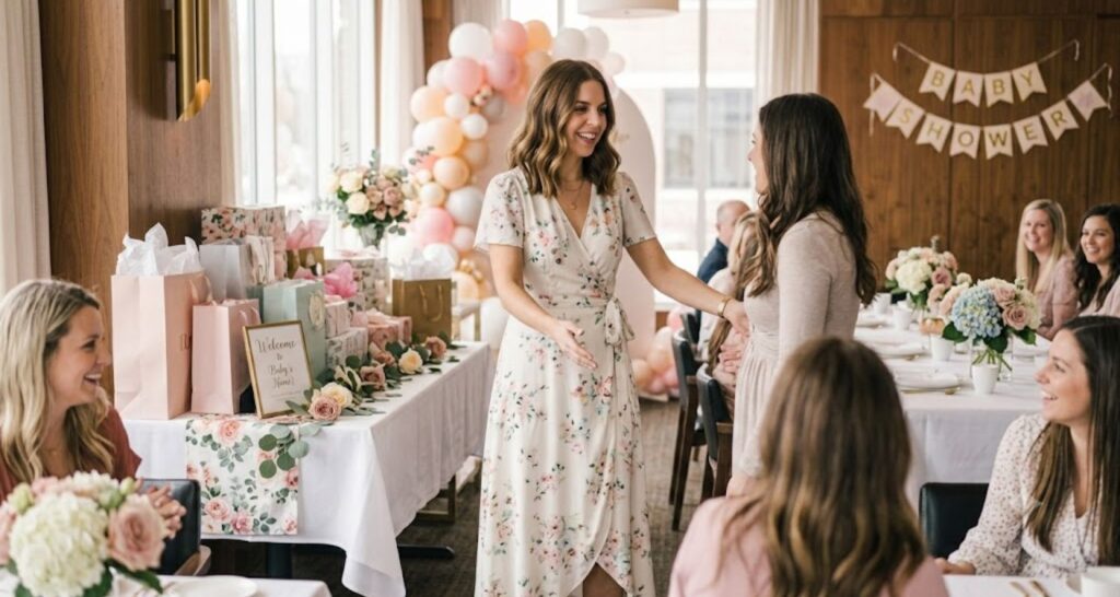 Best colors for cute baby shower host dress — pastel palette flat lay
