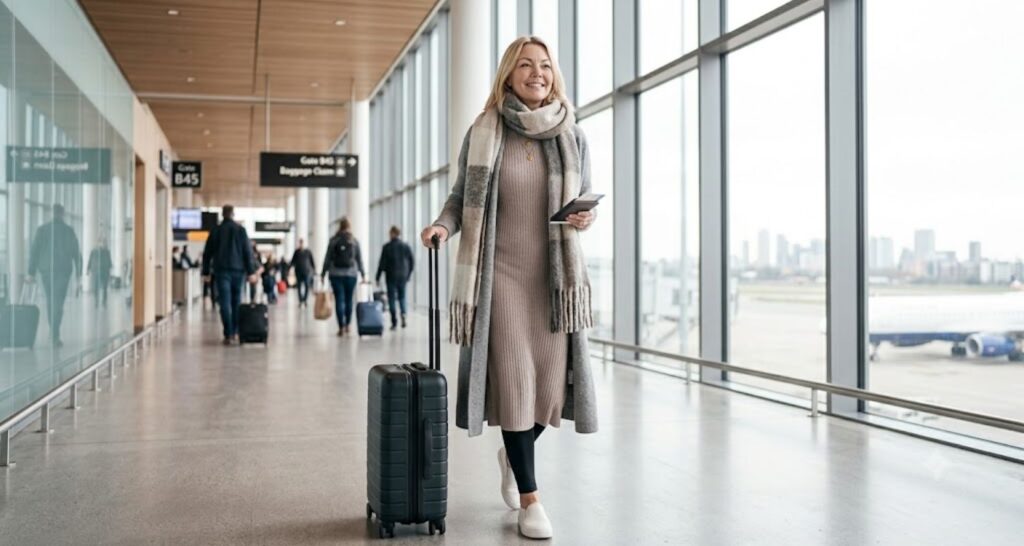 Relaxed knit dress airport outfit with sneakers and blanket scarf