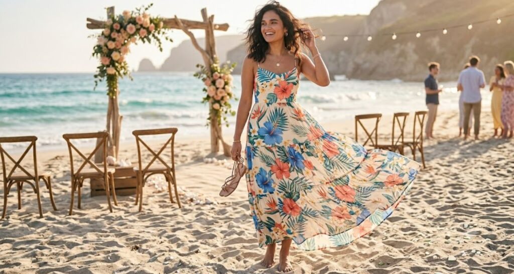 Chiffon floral midi dress worn at outdoor summer wedding
