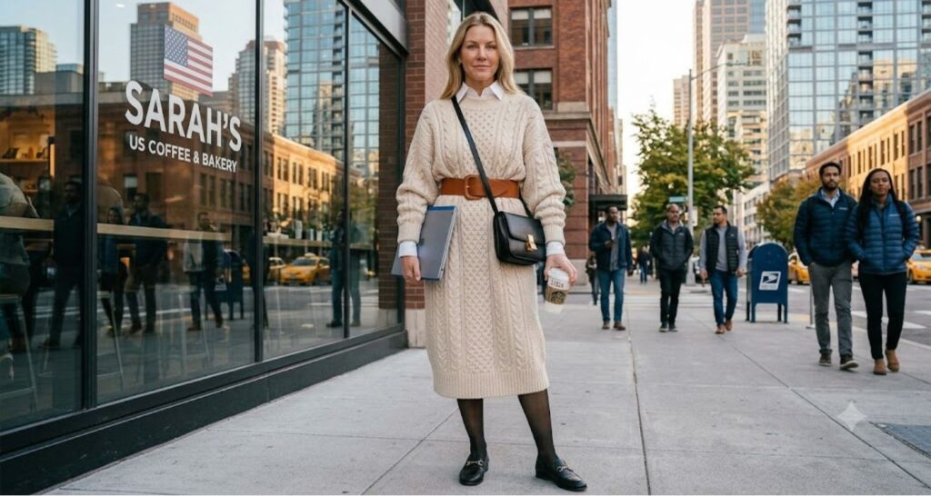 Belted oversized sweater dress outfit with tall brown boots