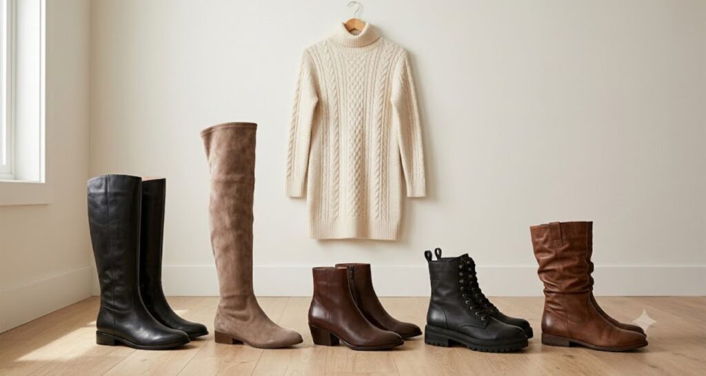 Row of winter boots lined up beneath a hanging sweater dress