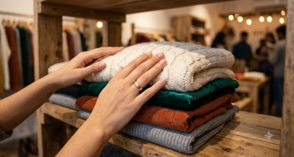 Close-up of hands touching stacked winter dress fabrics — wool knit, velvet, corduroy