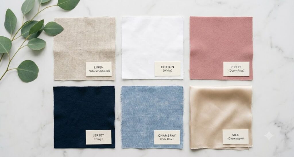 breathable fabric swatches for casual work dress in a hot office including linen cotton and crepe