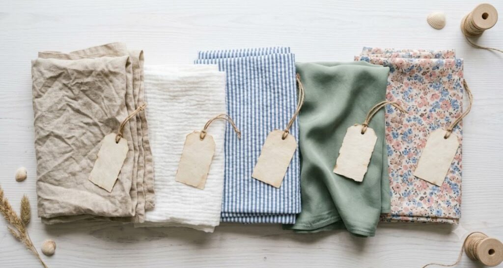 Flat lay of breathable summer fabrics — linen, cotton gauze, seersucker, and TENCEL