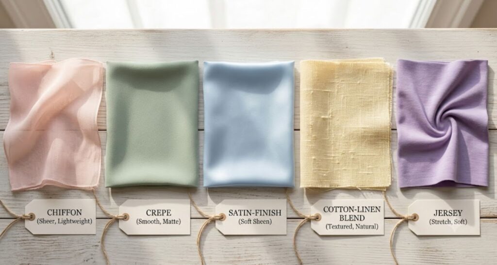 Best fabrics for pastel baby shower guest dress — chiffon, crepe, satin, cotton linen, and jersey swatches

