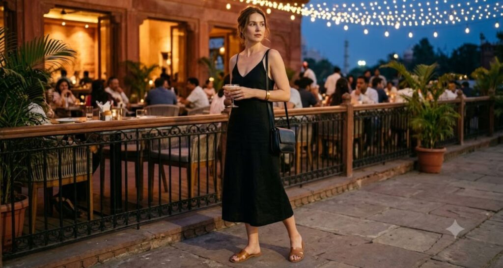 Black linen slip dress with slide sandals for a summer dinner outfit