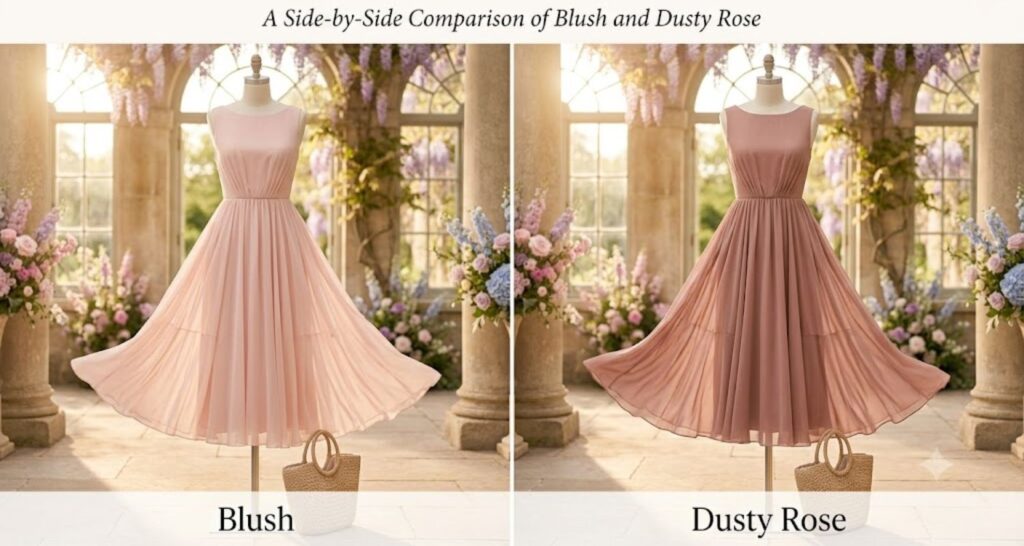 Blush vs dusty rose dress comparison for baby shower guest — pale pink vs deeper muted rose side by side
