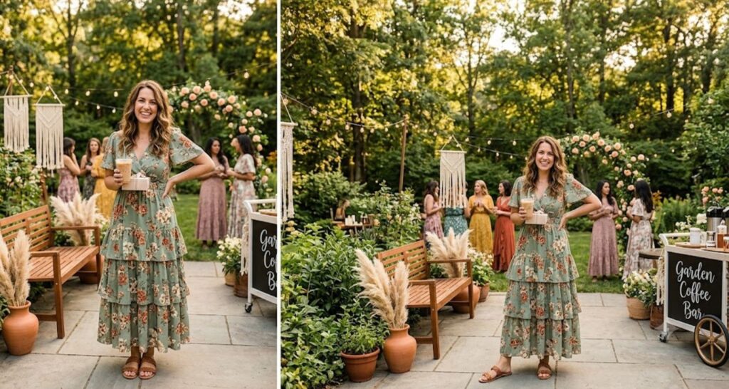 Tiered earthy floral dress at boho baby shower — terracotta and sage wildflower print with flat sandals
