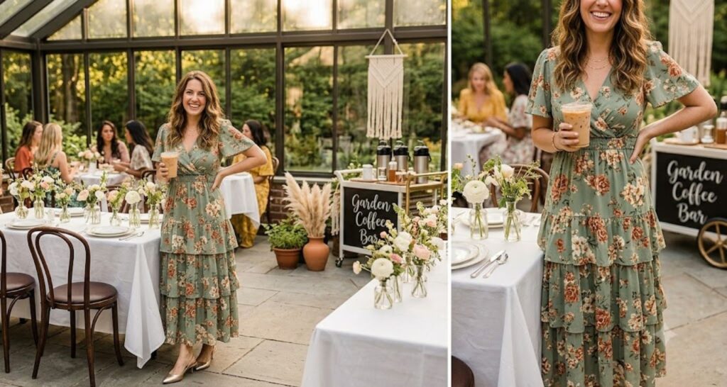 Refined floral A-line dress at baby shower brunch — elegant restaurant setting with white linen table
