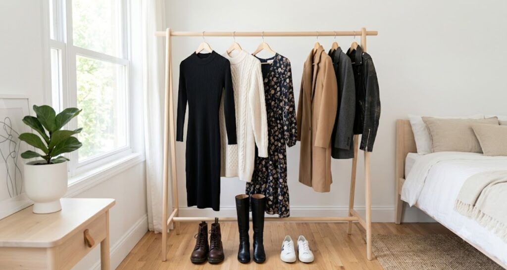Minimal capsule wardrobe rack with three long sleeve dresses and winter layers