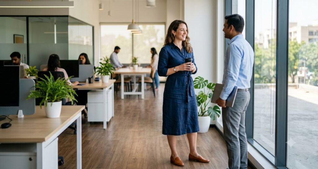 Business casual summer outfit with belted navy linen shirtdress and cognac loafers in an office