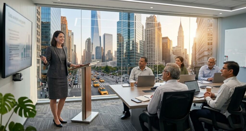 Charcoal linen sheath dress with tailored blazer worn for a formal office presentation