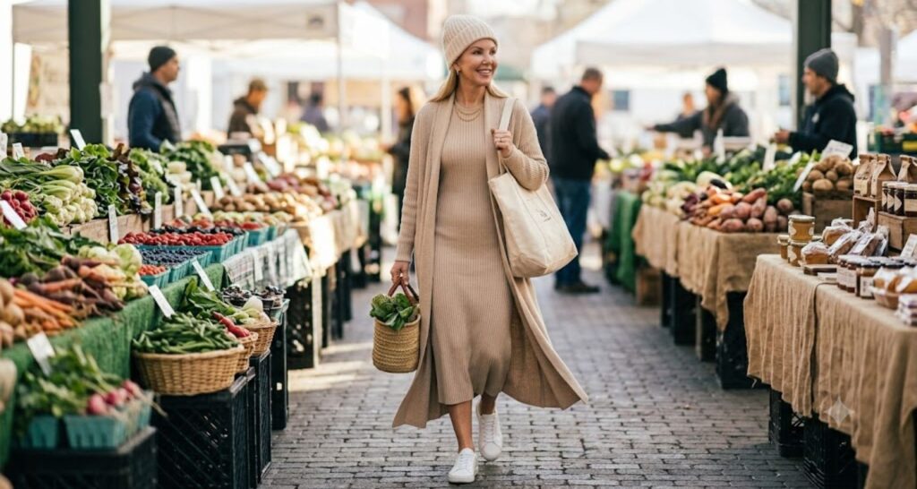 Matching knit dress and cardigan coat with white sneakers