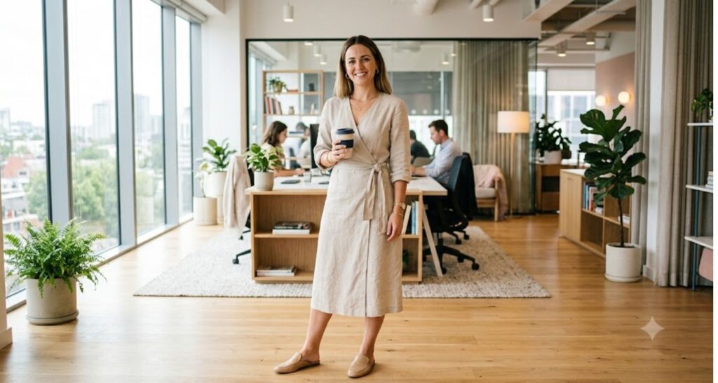 woman wearing a casual linen wrap dress for work in a hot office
