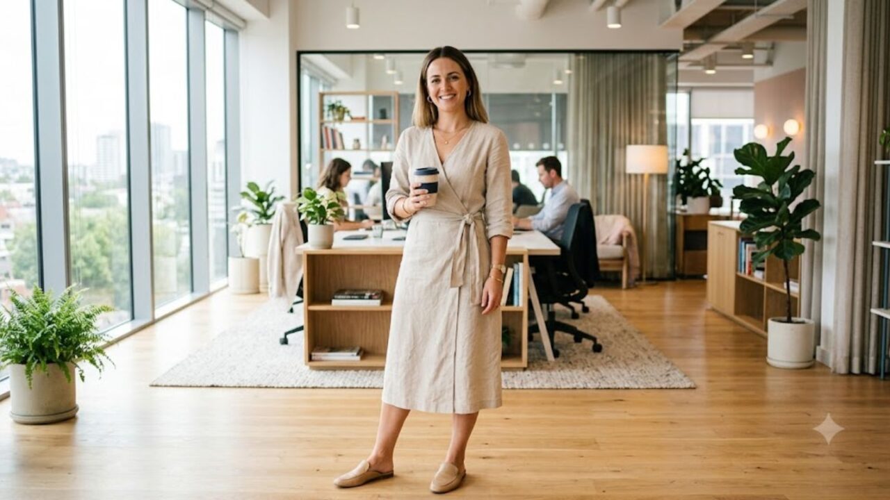 woman wearing a casual linen wrap dress for work in a hot office