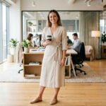 woman wearing a casual linen wrap dress for work in a hot office