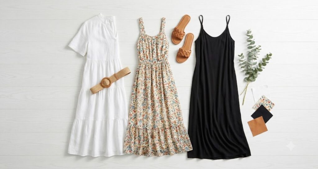 Flat lay comparing linen, cotton voile, and rayon flowy summer dresses with accessories