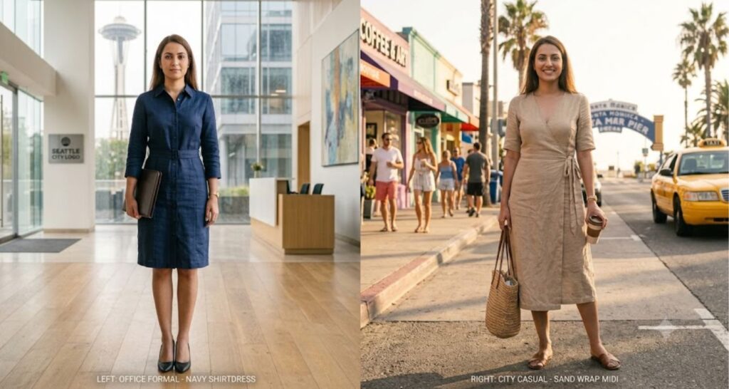 Side-by-side comparison of a structured linen shirtdress and a relaxed linen wrap midi for work